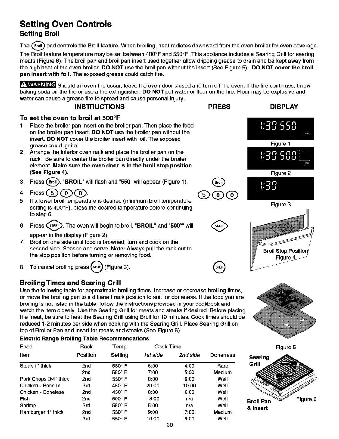 Kenmore 790.99613 manual Setting Broil, To set the oven to broil at 500F, Broiling Times and Searing Grill 