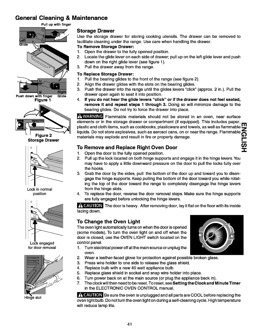 Kenmore 790.99613 manual Storage Drawer, To Remove and Replace Right Oven Door, To Change the Oven Light 