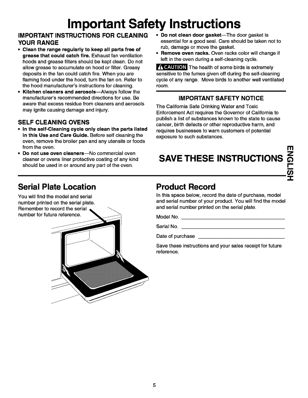 Kenmore 790.99613 manual Serial Plate Location, Product Record, Important Instructions for Cleaning Your Range 