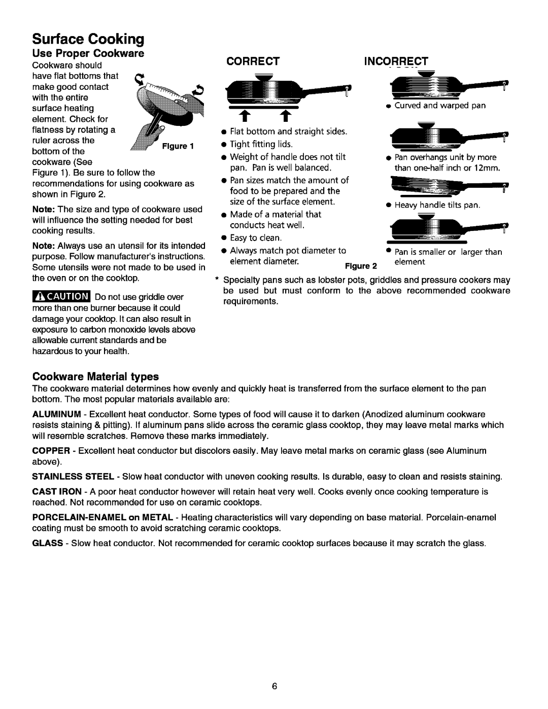 Kenmore 790.99613 manual Surface Cooking, Correctincorrect, Use Proper Cookware, Cookware Material types 