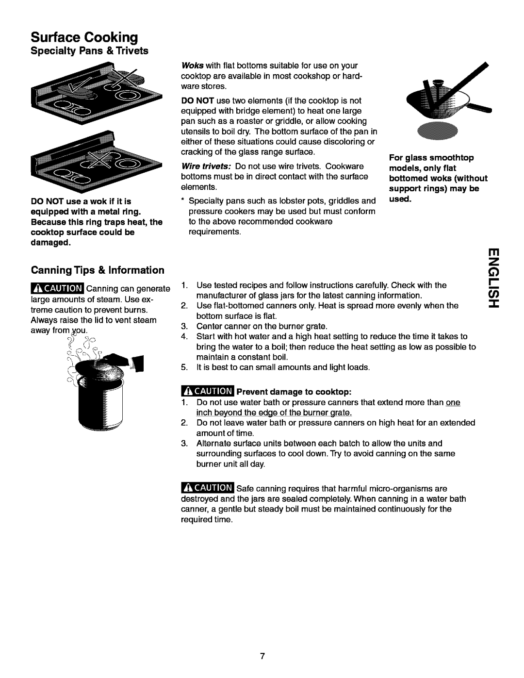 Kenmore 790.99613 manual Specialty Pans & Trivets, Canning Tips & Information, Prevent damage to cooktop 