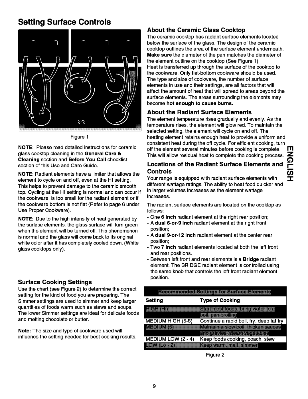 Kenmore 790.99613 manual Setting Surface Controls, About the Ceramic Glass Cooktop, Surface Cooking Settings 