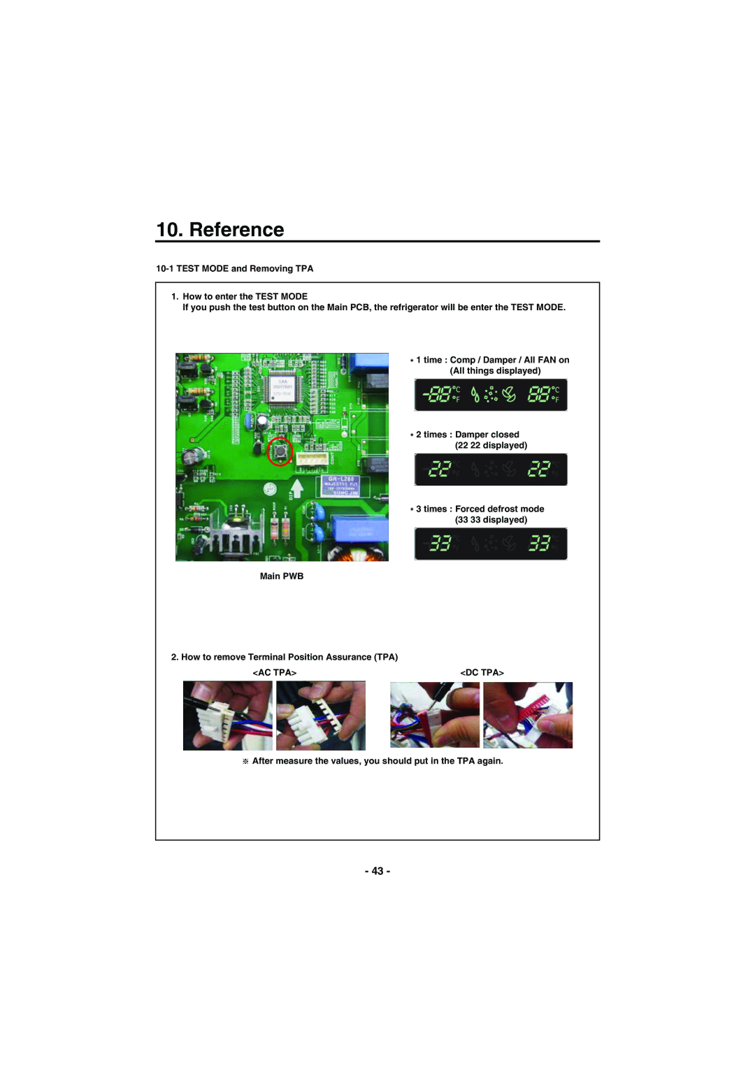 Kenmore 795-71022.010 service manual Ac Tpa Dc Tpa, After measure the values, you should put in the TPA again 