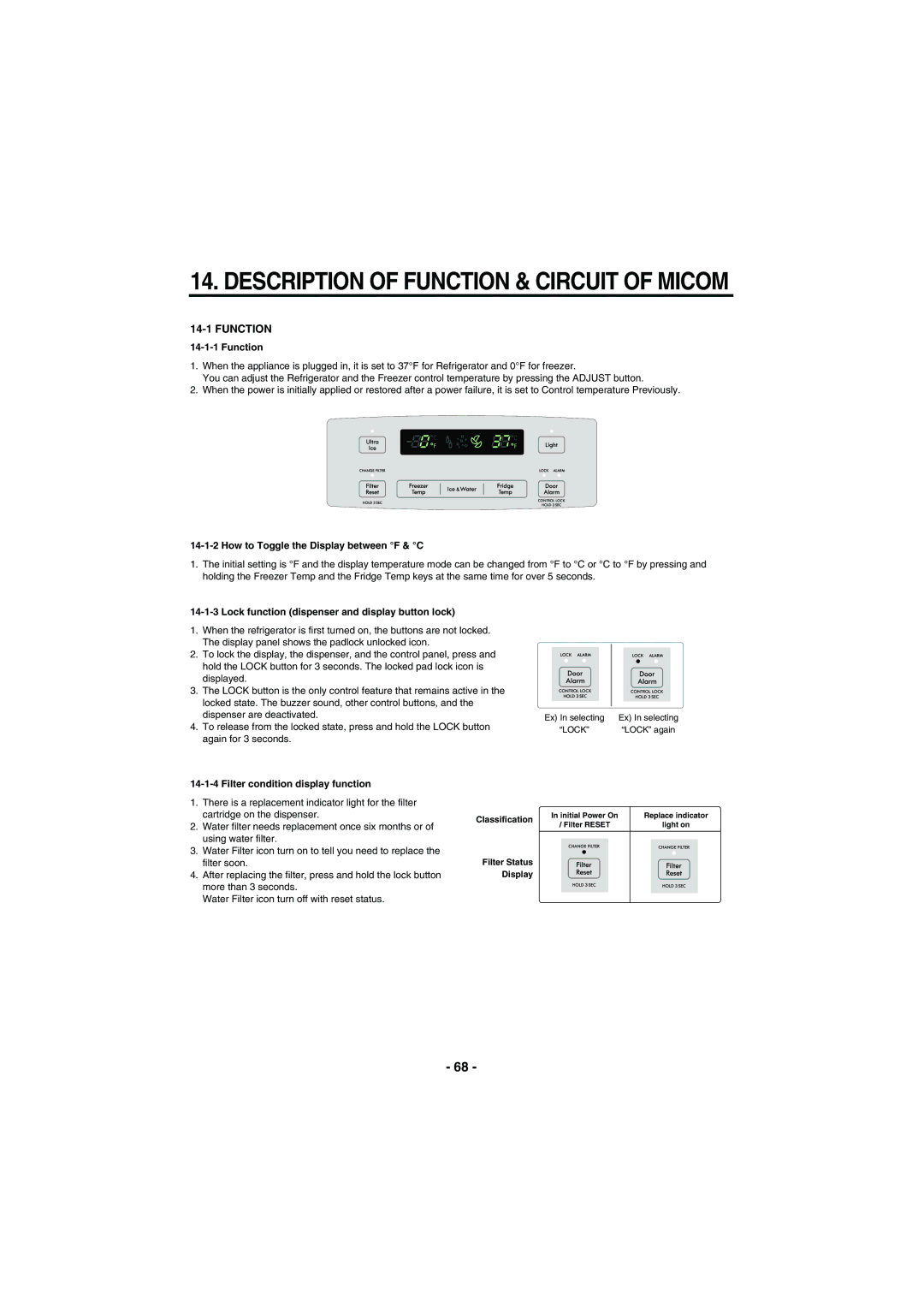 Kenmore 795-71022.010 Function, How to Toggle the Display between F & C, Lock function dispenser and display button lock 