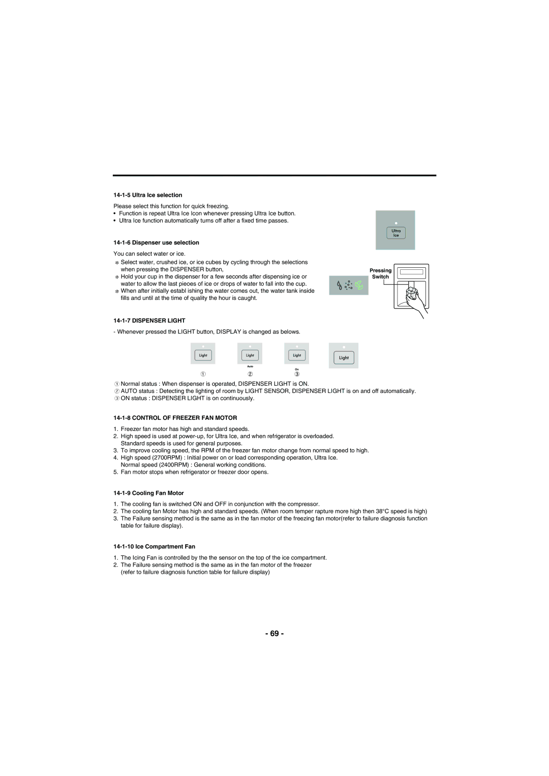 Kenmore 795-71022.010 service manual Ultra Ice selection, Dispenser use selection, Cooling Fan Motor, Ice Compartment Fan 