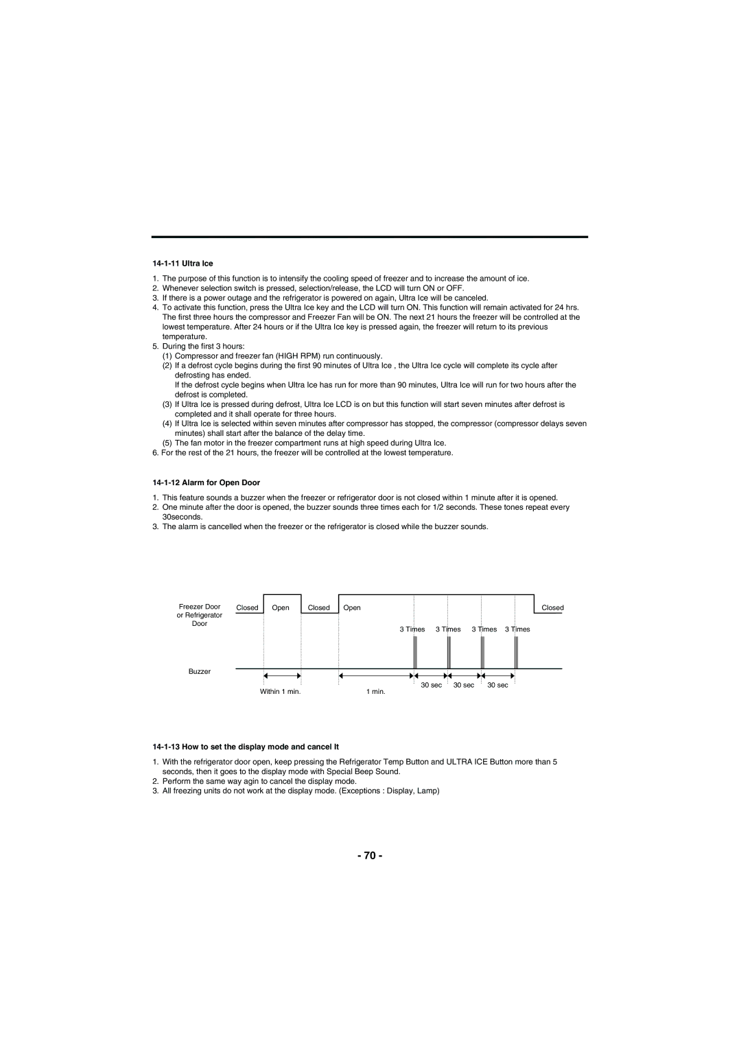 Kenmore 795-71022.010 service manual Ultra Ice, Alarm for Open Door, How to set the display mode and cancel It 