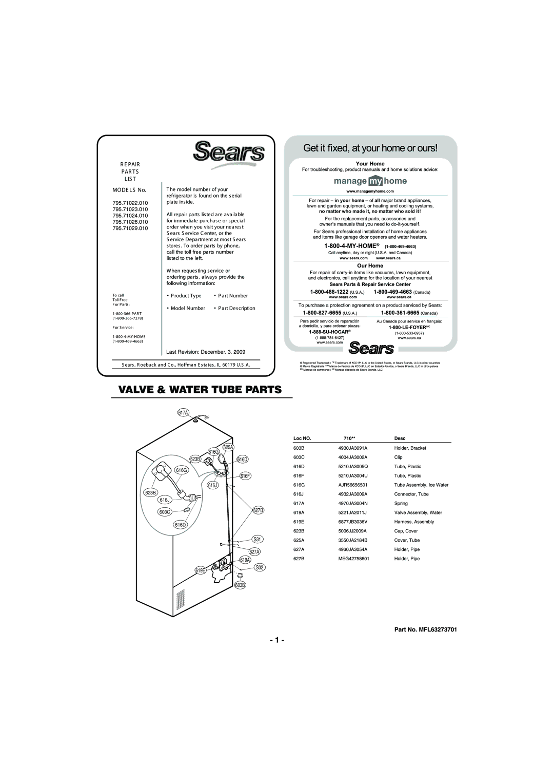 Kenmore 795-71022.010 service manual 617A 625A 616G 623B 