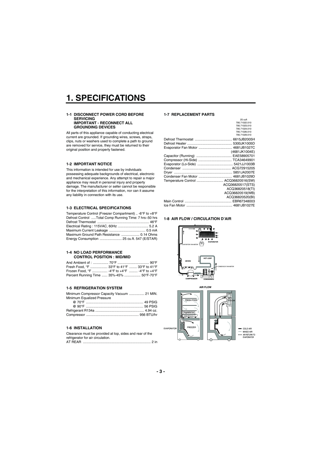 Kenmore 795-71022.010 Specifications, Disconnect Power Cord Before Servicing, Important - Reconnect All Grounding Devices 