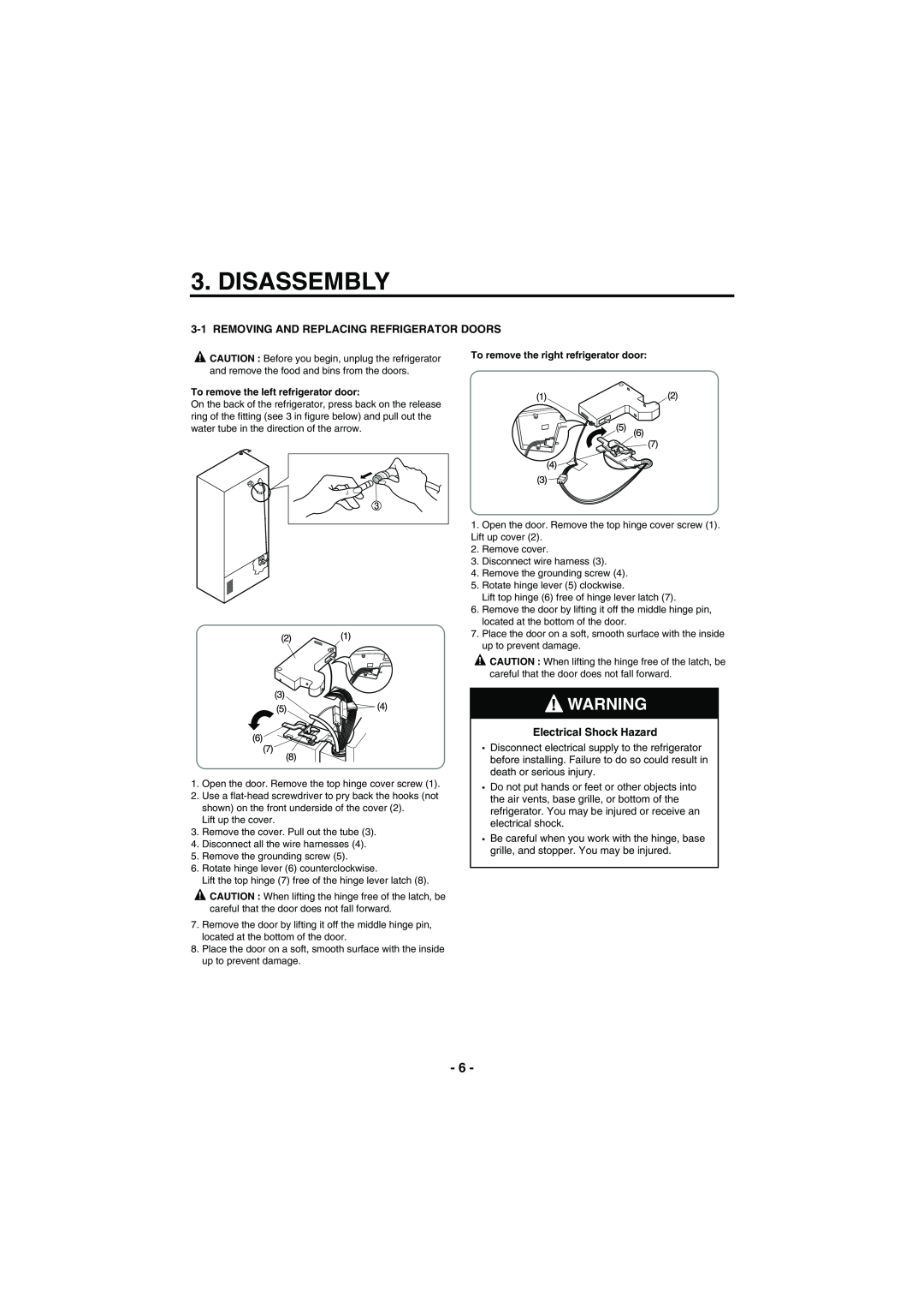 Kenmore 795-71022.010 service manual Disassembly, Removing And Replacing Refrigerator Doors, Electrical Shock Hazard 