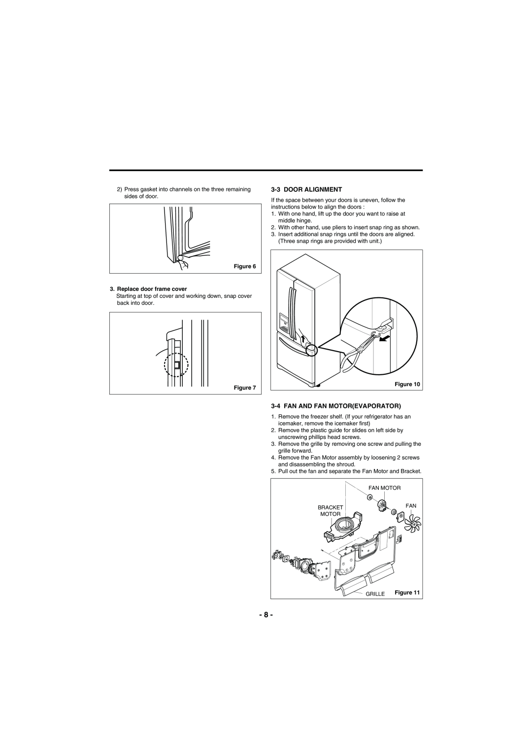 Kenmore 795-71022.010 service manual Door Alignment, Fan And Fan Motorevaporator, Replace door frame cover 