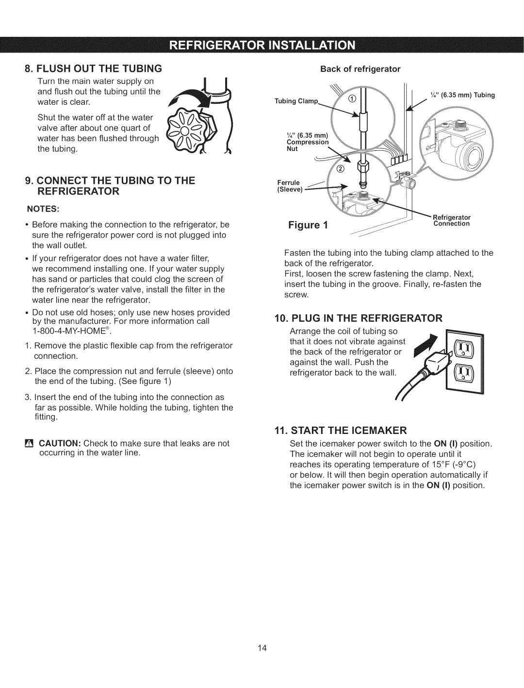 Kenmore 795.5103 manual = Flush OUT the Tubing, Connect the Tubing to the Refrigerator, Plug in the Refrigerator 