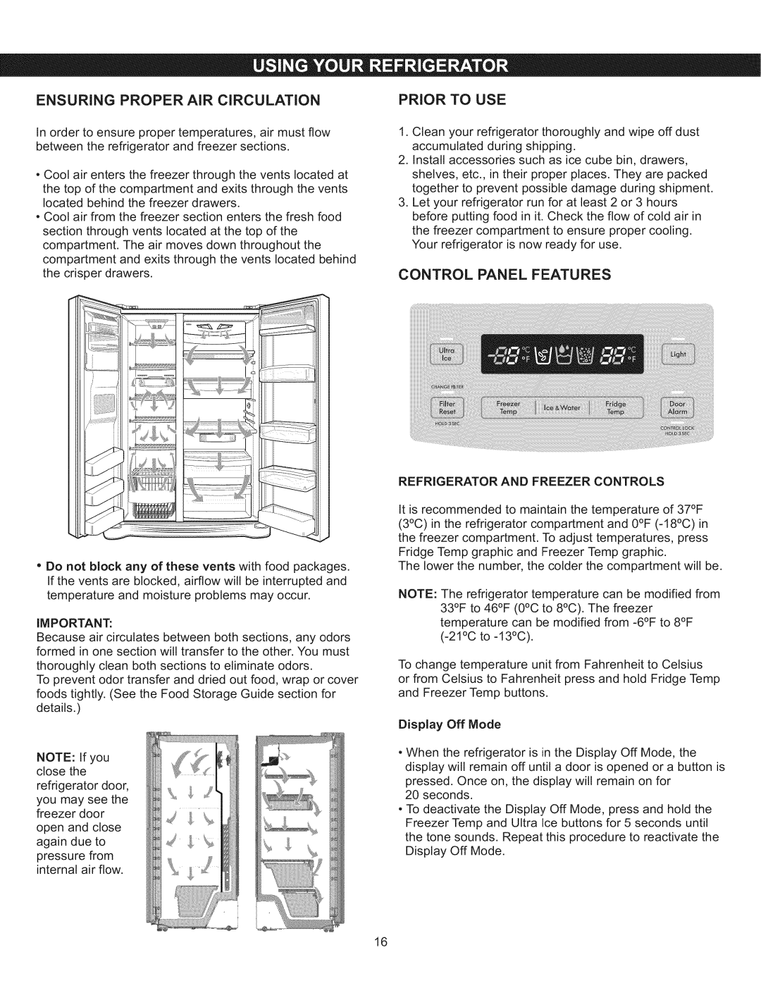 Kenmore 795.5103 Ensuring Proper AiR CiRCULATiON, Prior to USE, Control Panel Features, Refrigerator and Freezer Controls 