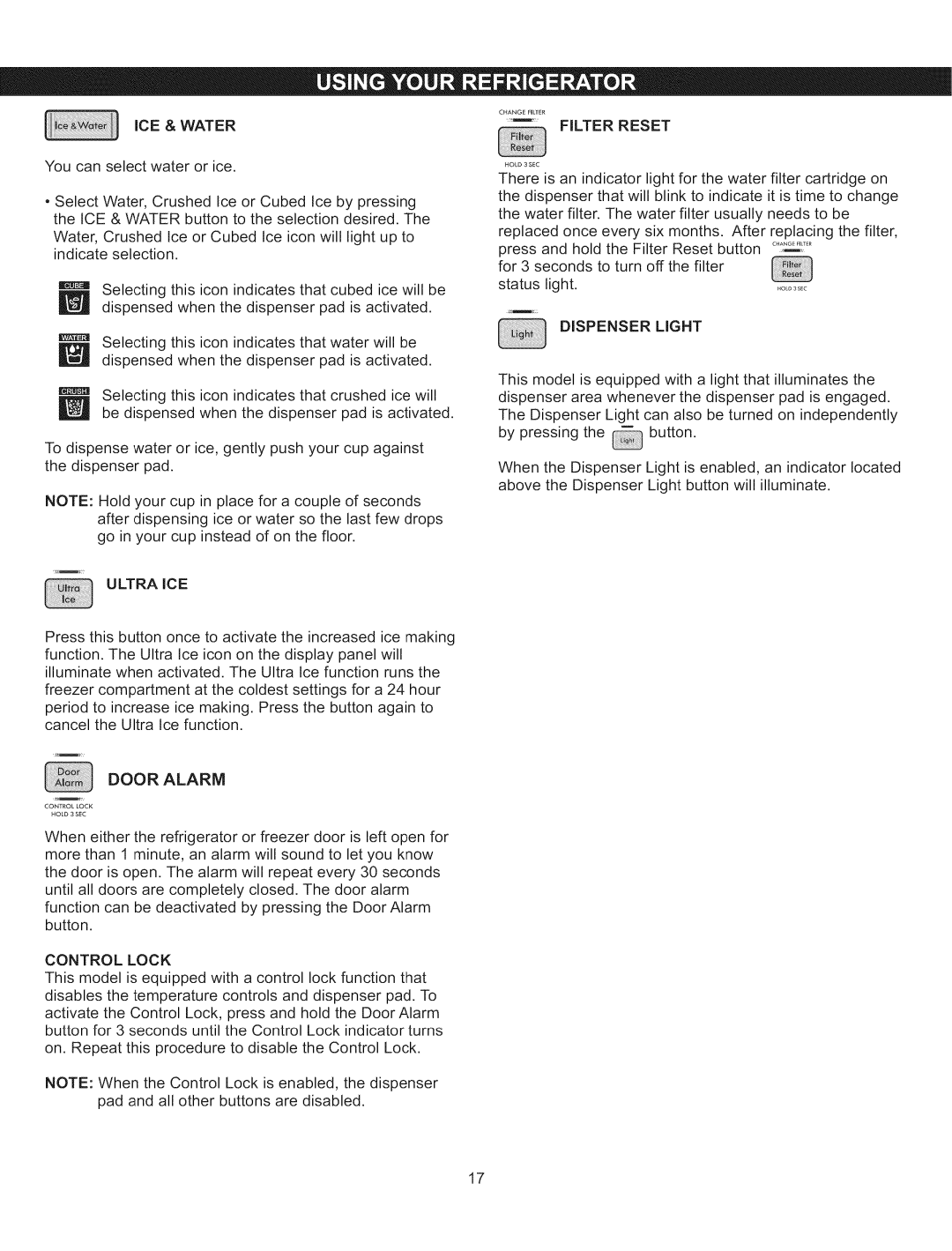 Kenmore 795.5103 manual Ultra ICE, Door Alarm, Control Lock, Filter Reset, Dispenser Light 
