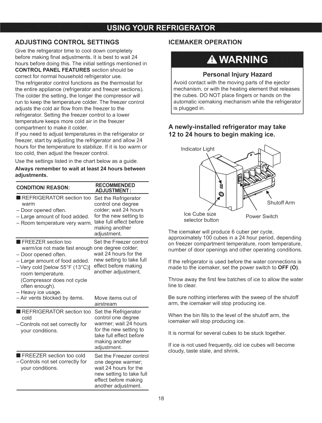 Kenmore 795.5103 manual Adjusting Control Settings, CONDITION/REASONRECOMMENDED Adjustment 