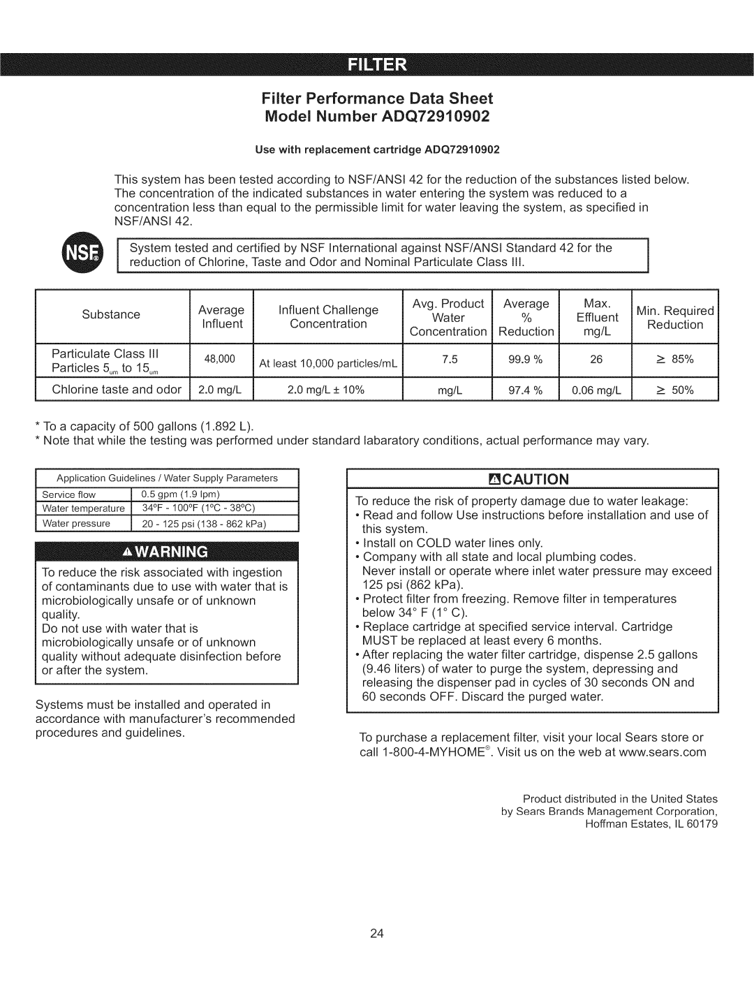 Kenmore 795.5103 manual Filter Performance Data Sheet, Ecaution 