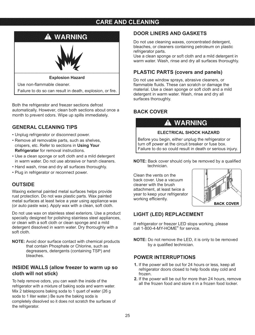 Kenmore 795.5103 manual General Cleaning Tips, Door Liners and Gaskets, Light LED Replacement, Power Interruptions 