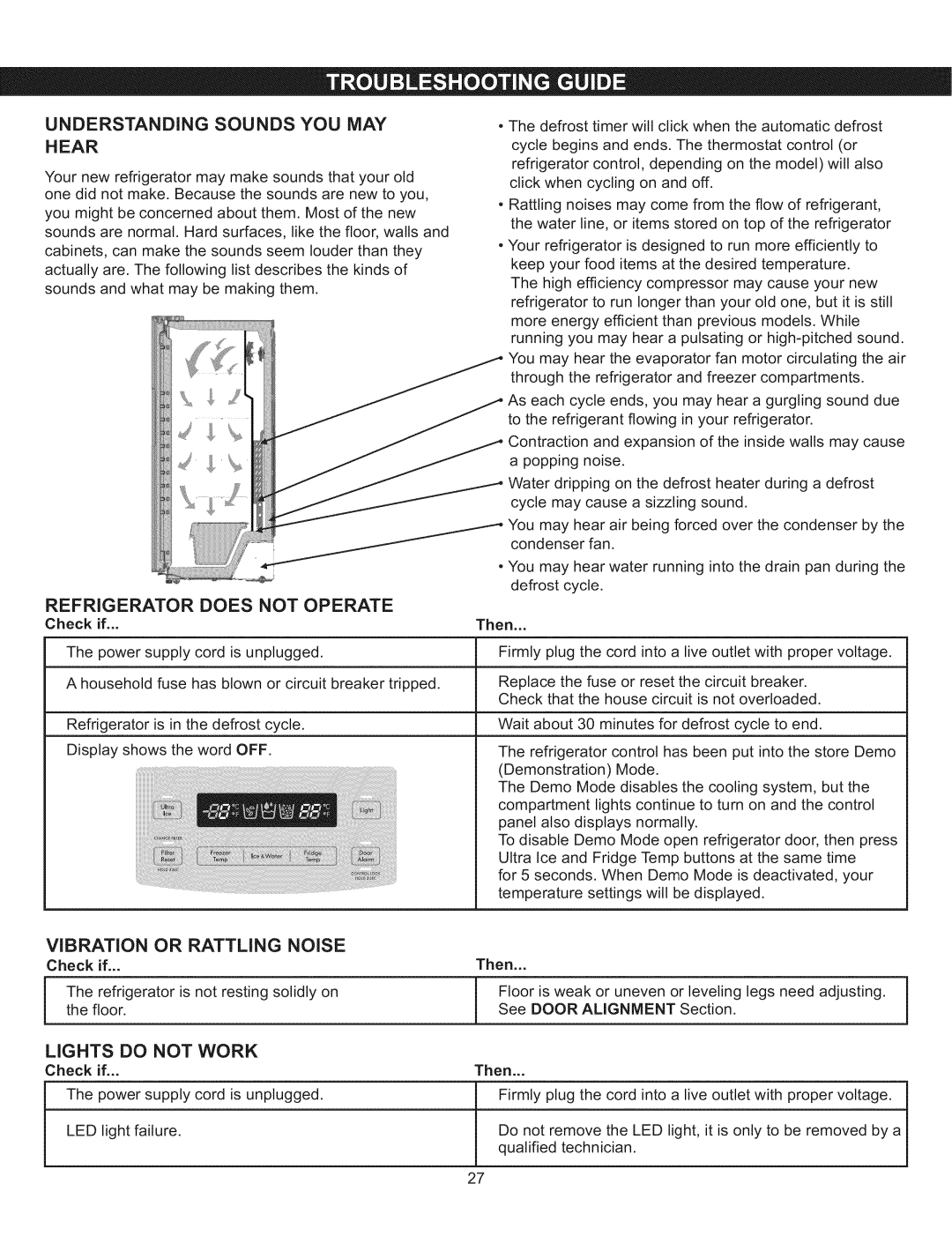 Kenmore 795.5103 manual Understanding Sounds YOU MAY Hear, Vibration, Noise, Lights do not Work 