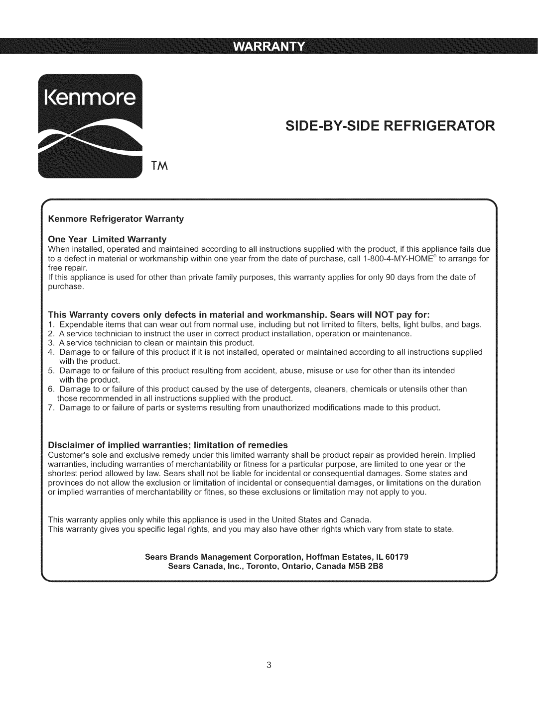 Kenmore 795.5103 manual SIDE=BY-SIDE Refrigerator 