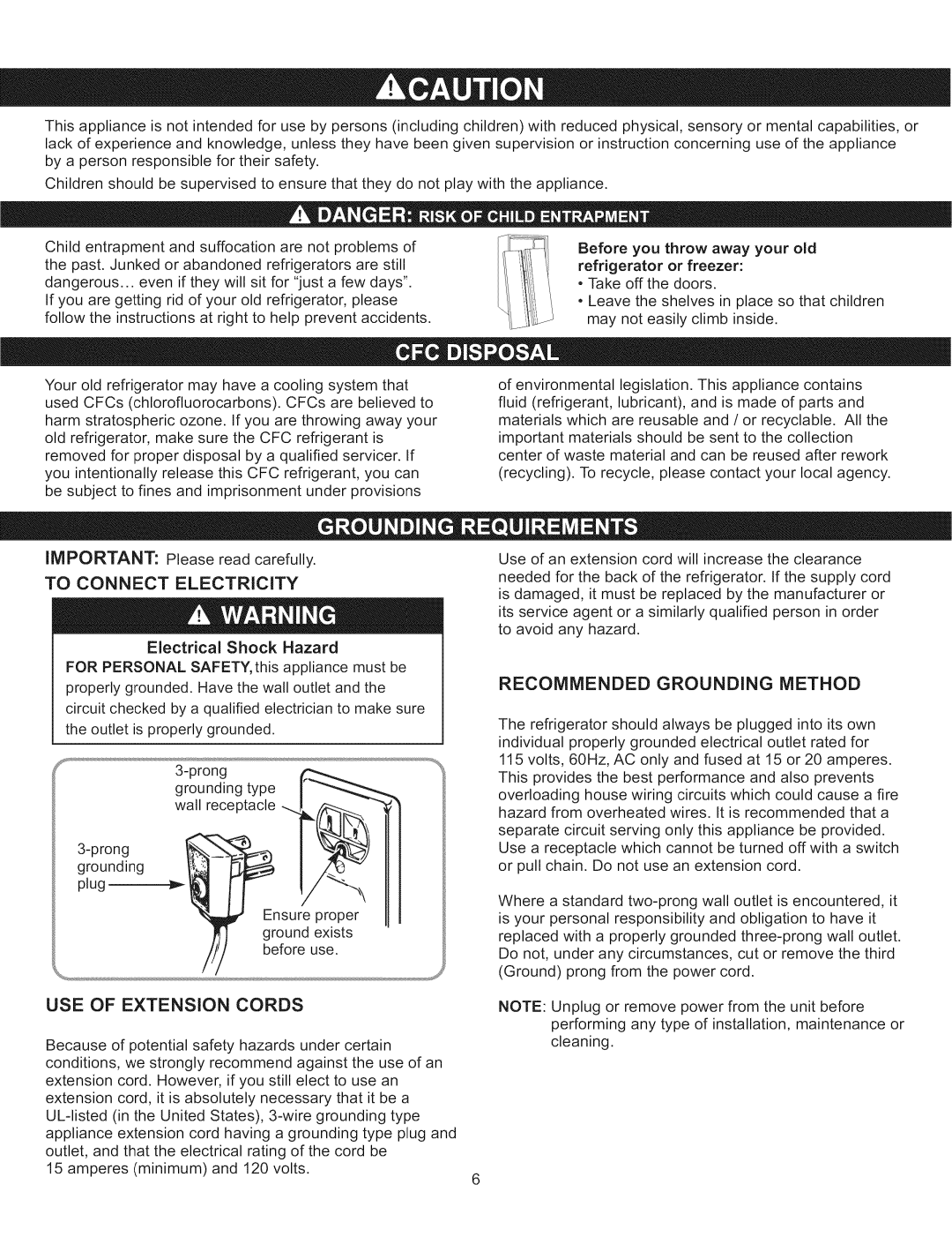 Kenmore 795.5103 manual To Connect Electricity, USE of Extension Cords, Recommended Grounding Method 