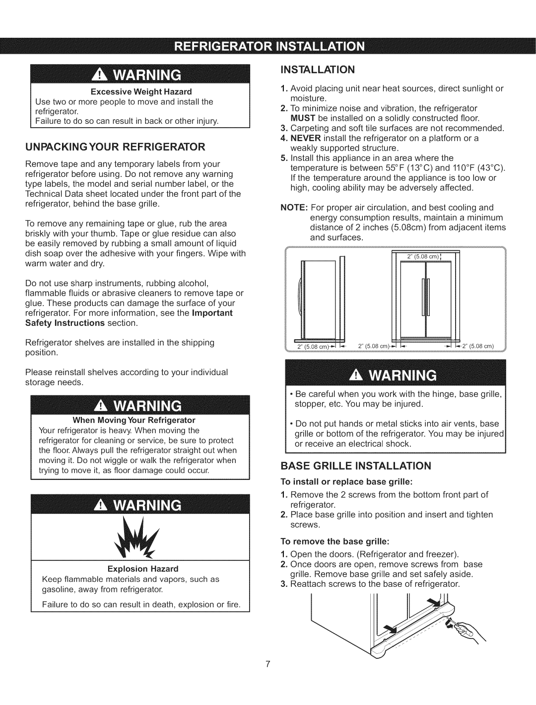 Kenmore 795.5103 manual Unpacking Your Refrigerator, Base Grille Installation 