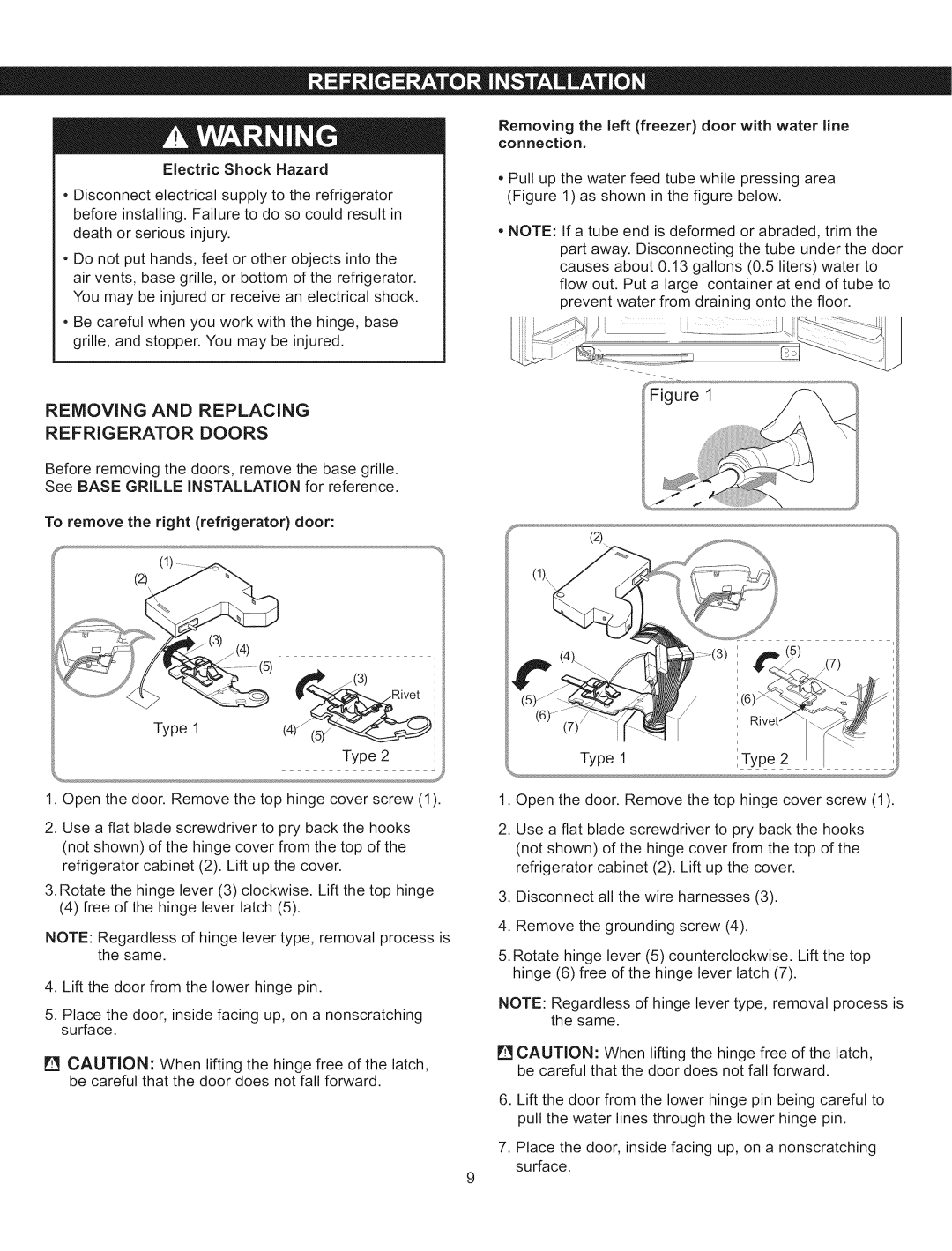 Kenmore 795.5103 manual ElectricShockHazard, Removing and Replacing Refrigerator Doors 