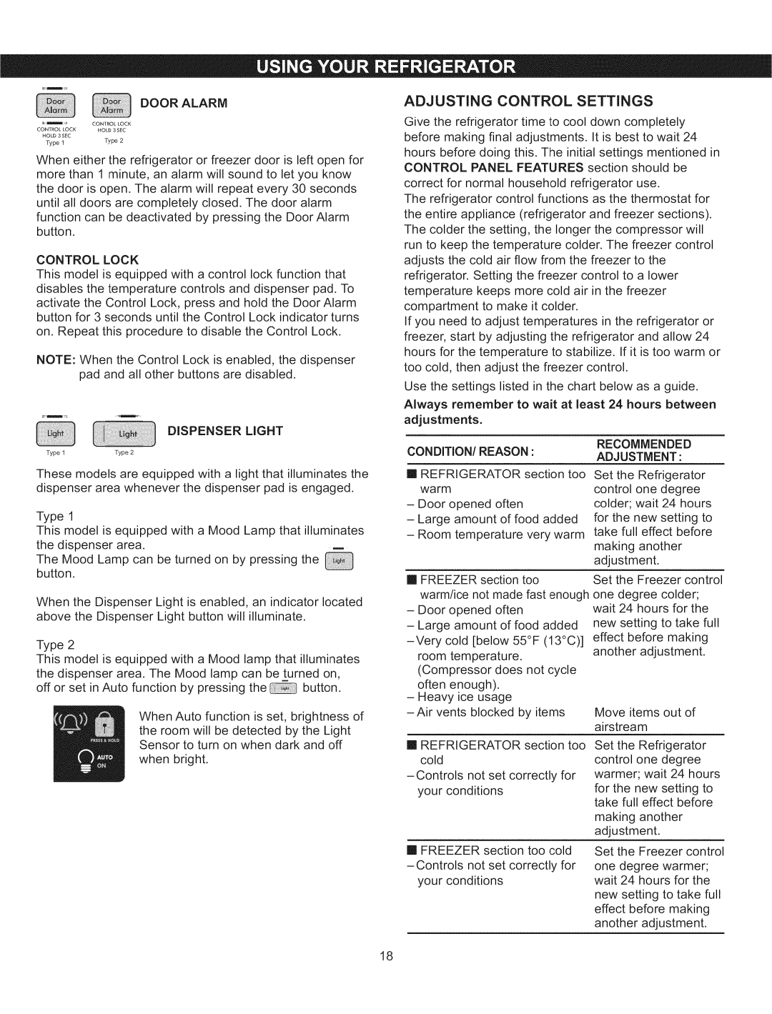 Kenmore 795.5107 manual Adjusting Control Settings, Control Lock, Dispenser Light, CONDITION/REASON Recommended Adjustment 