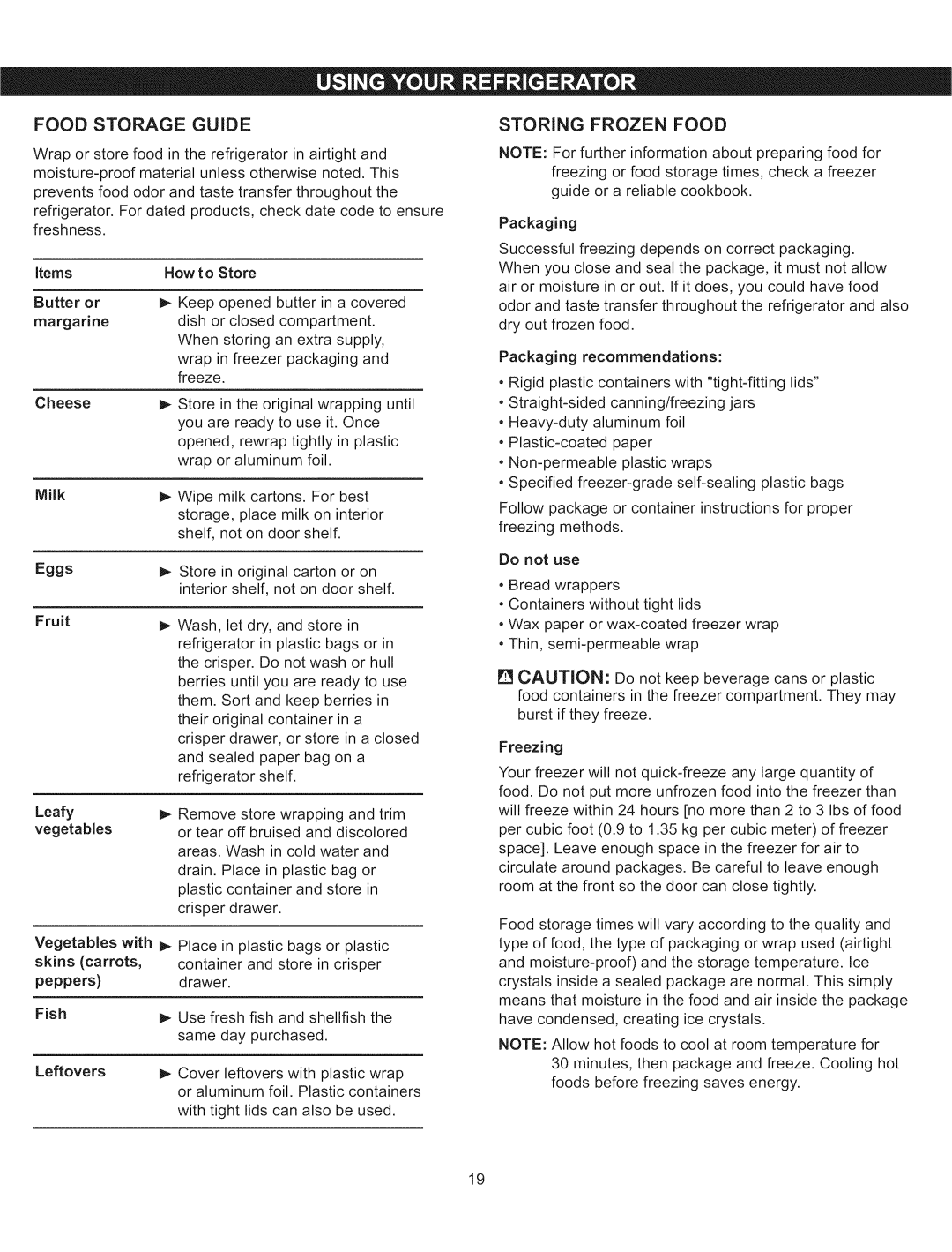 Kenmore 795.5108, 795.5107 manual Food Storage Guide, Storing Frozen Food, Items, Leafy, Leftovers 