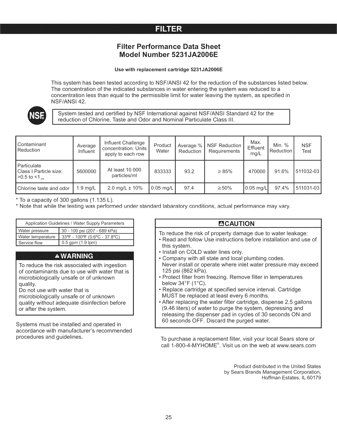 Kenmore 795.5108, 795.5107 manual Filter Performance Data Sheet, 3CAUTION 