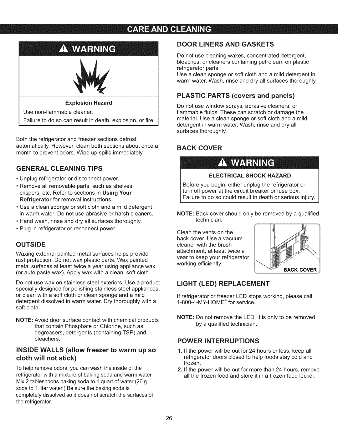 Kenmore 795.5107, 795.5108 manual ExplosionHazard Usenon-flammablecleaner, General Cleaning Tips, Door Liners and Gaskets 