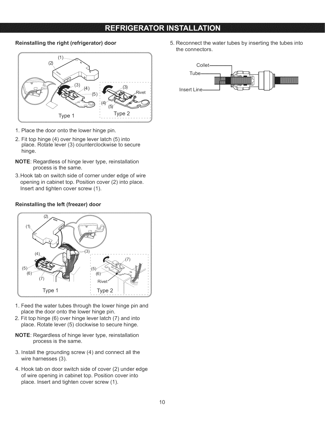 Kenmore 795.5107 manual Reinstallingtheright refrigeratordoor, theconnectors, Type1Type2 1.Placethedoorontothelowerhingepin 