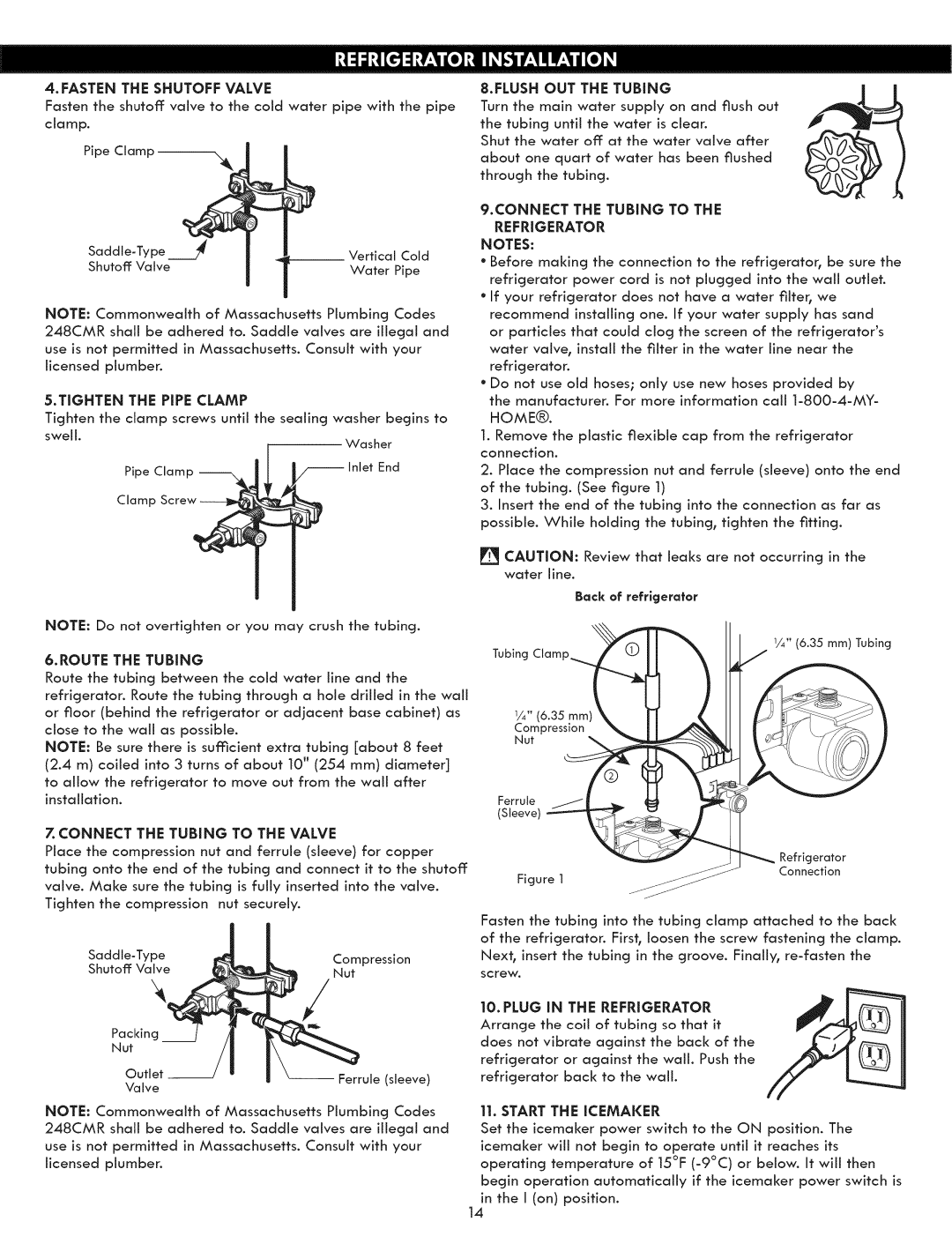 Kenmore 795.5131 manual Connect the Tubing to, Start the Icemaker, Fasten Shutoff Valve, Tighten the PiPE Clamp 