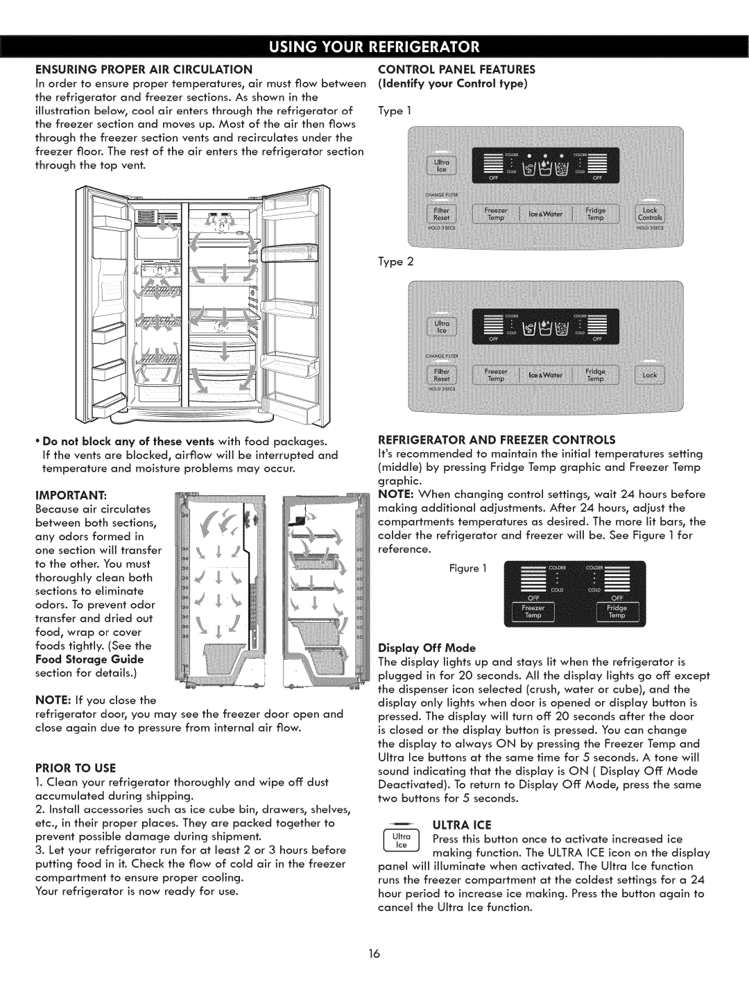 Kenmore 795.5131 manual Control Panel Features, Ensuring Proper AIR Circulation, Food Storage Guide, Display Off Mode 