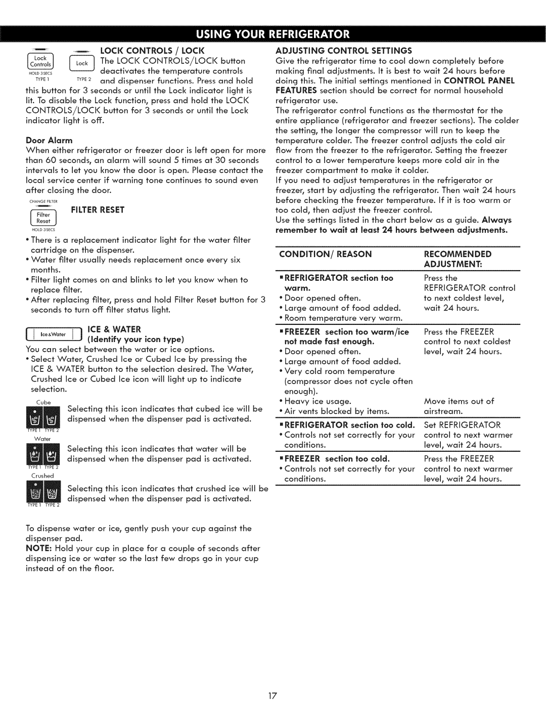 Kenmore 795.5131 manual Condition/Reason, Recommended Adjustment, Adjusting Control Settings 