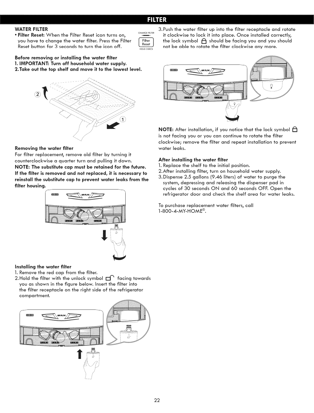 Kenmore 795.5131 manual Water Filter, Insfallng the wafer filter 