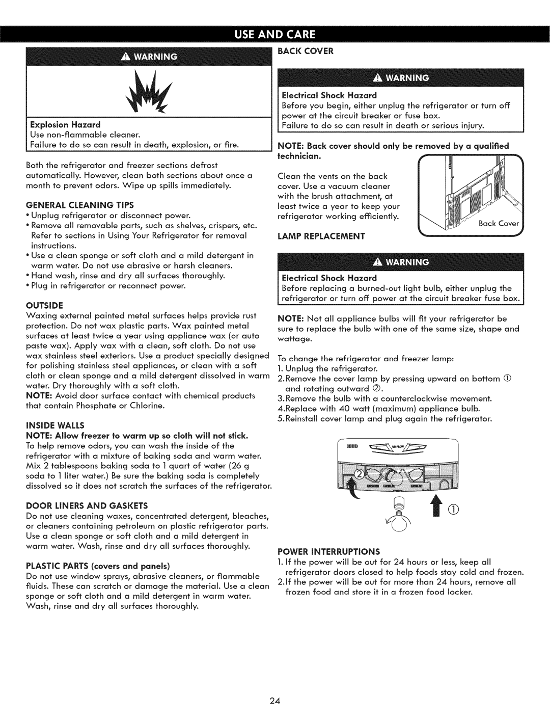 Kenmore 795.5131 manual Lamp Replacement, General Cleaning Tips, INSiDE Walls, Electrlcal Shock Hazard, Power iNTERRUPTiONS 