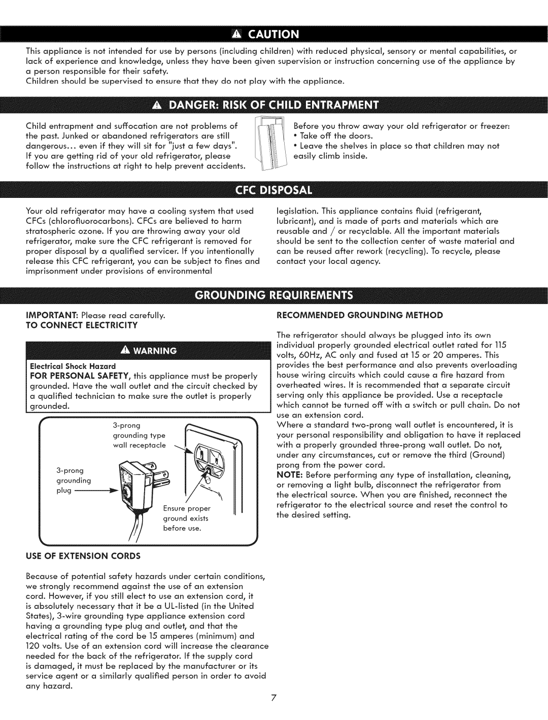 Kenmore 795.5131 USE of Extension Cords, To Connect Electricity, Electrical Shock Hazard, Recommended Grounding Method 