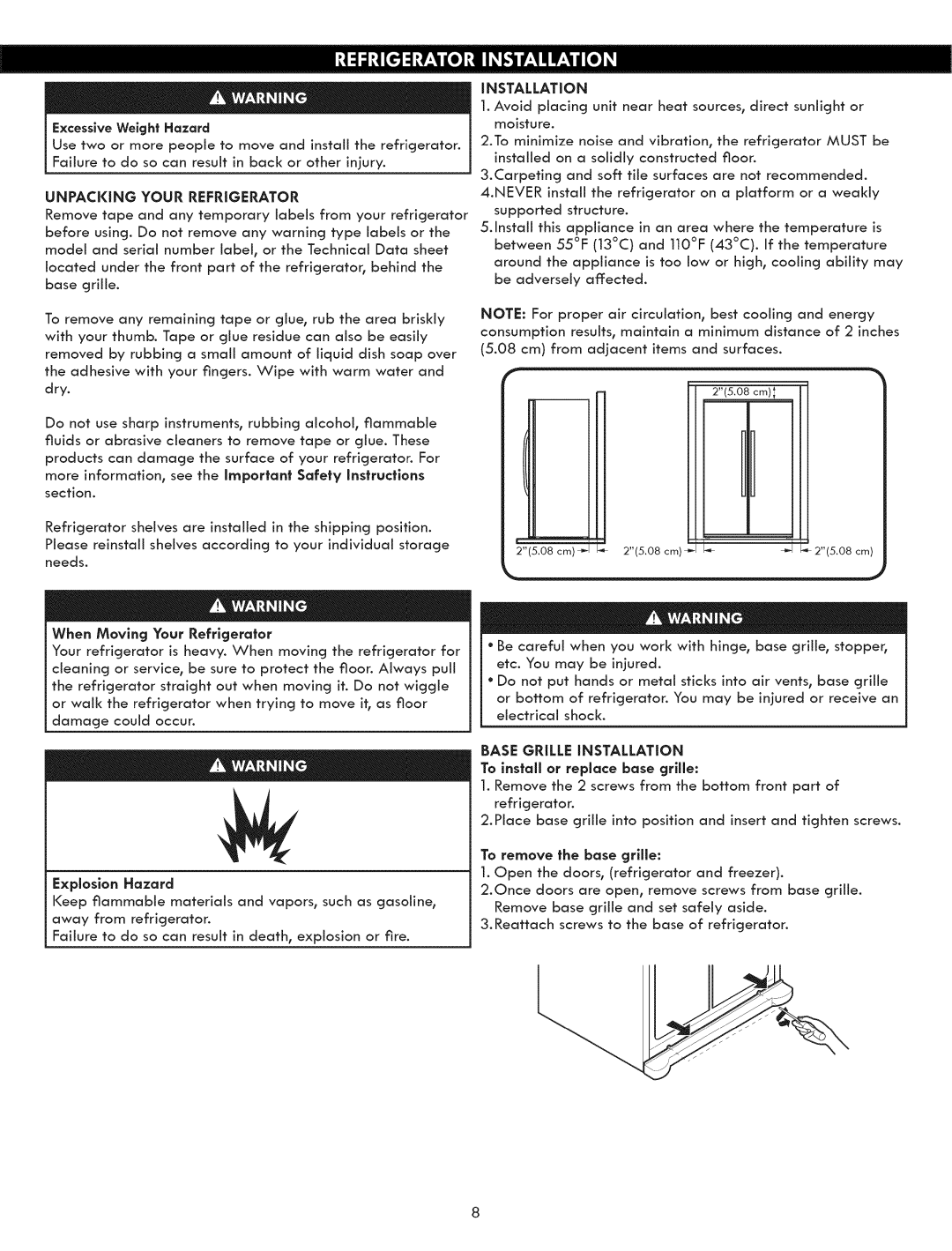 Kenmore 795.5131 manual Unpacking Your Refrigerator, Installation 