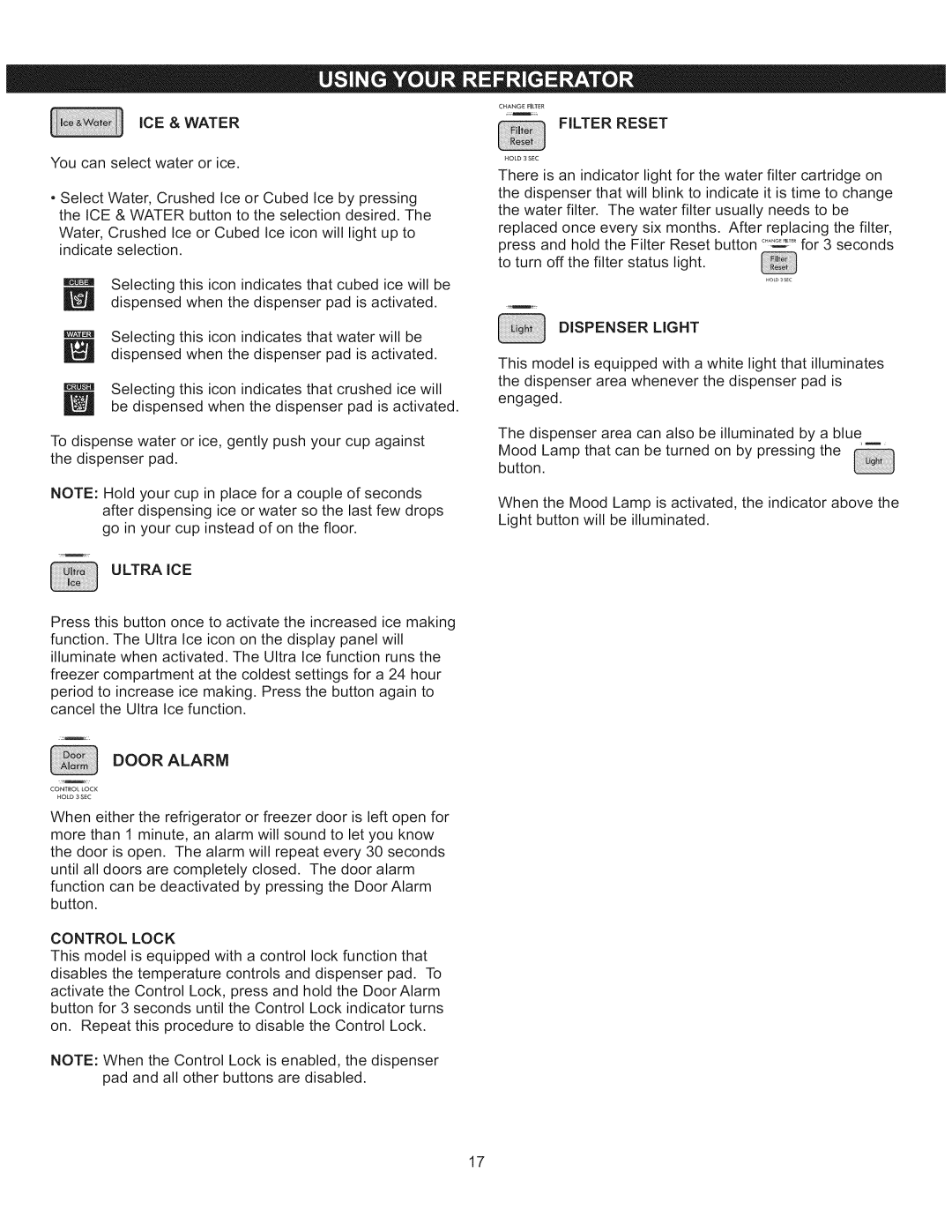 Kenmore 795.5137 manual ICE & Water, Ultra ICE, Control Lock, Filter Reset, Dispenser Light 
