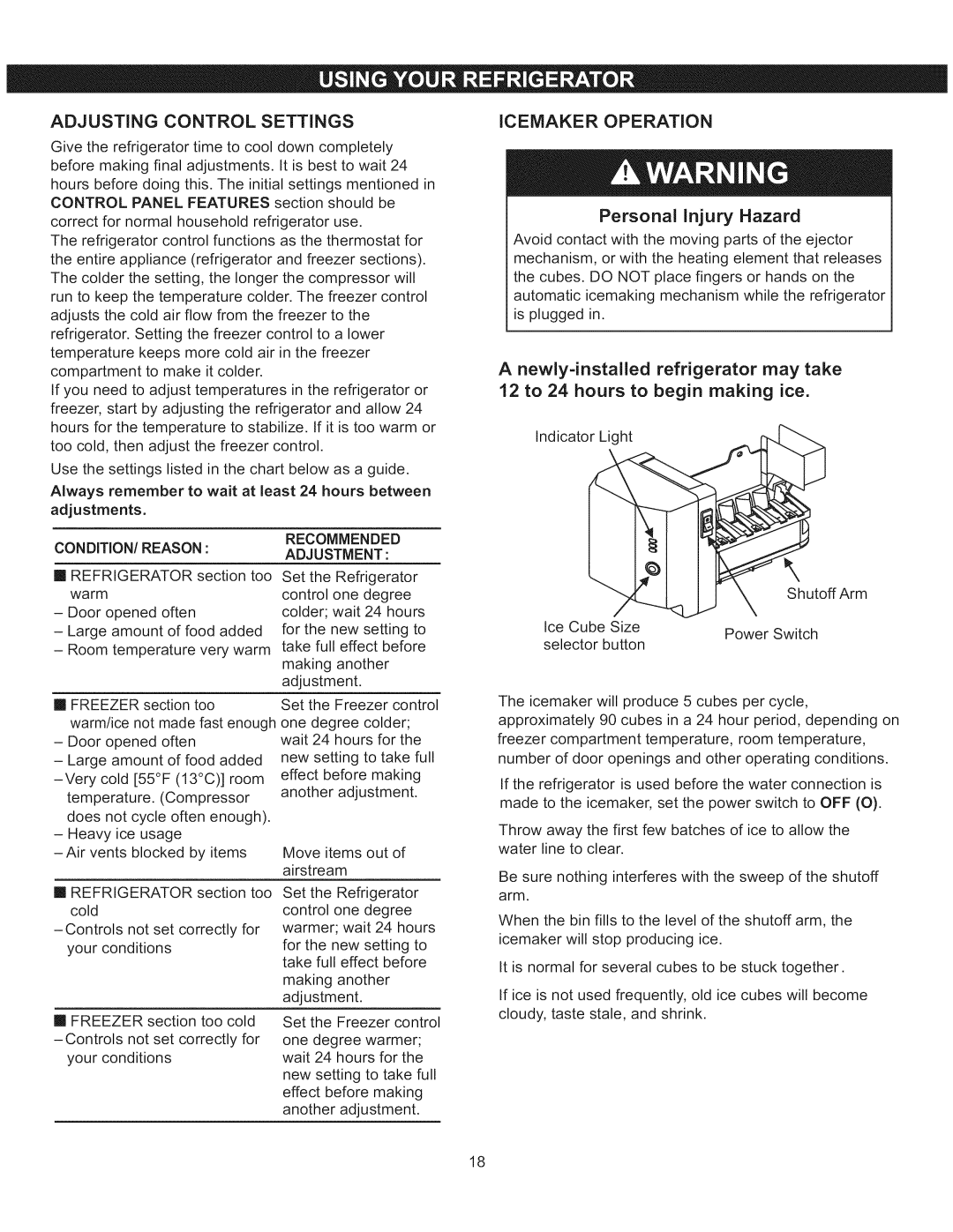 Kenmore 795.5137 manual Adjusting Control Settings, CONDITION/REASON Recommended 