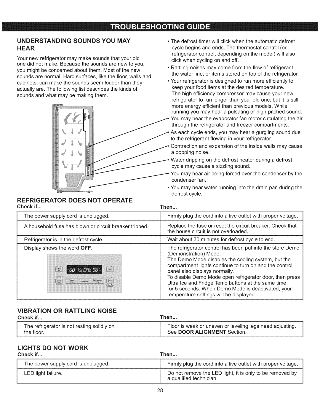 Kenmore 795.5137 manual Understanding Sounds YOU MAY Hear, Refrigerator does not Operate, Vibration or Rattling Noise 