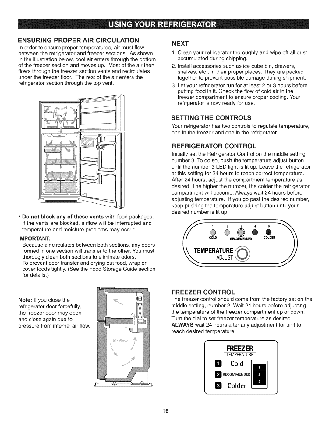 Kenmore 795.6991 manual Ensuring Proper AiR CiRCULATiON, Next, Setting the Controls, Refrigerator Control, Freezer Control 