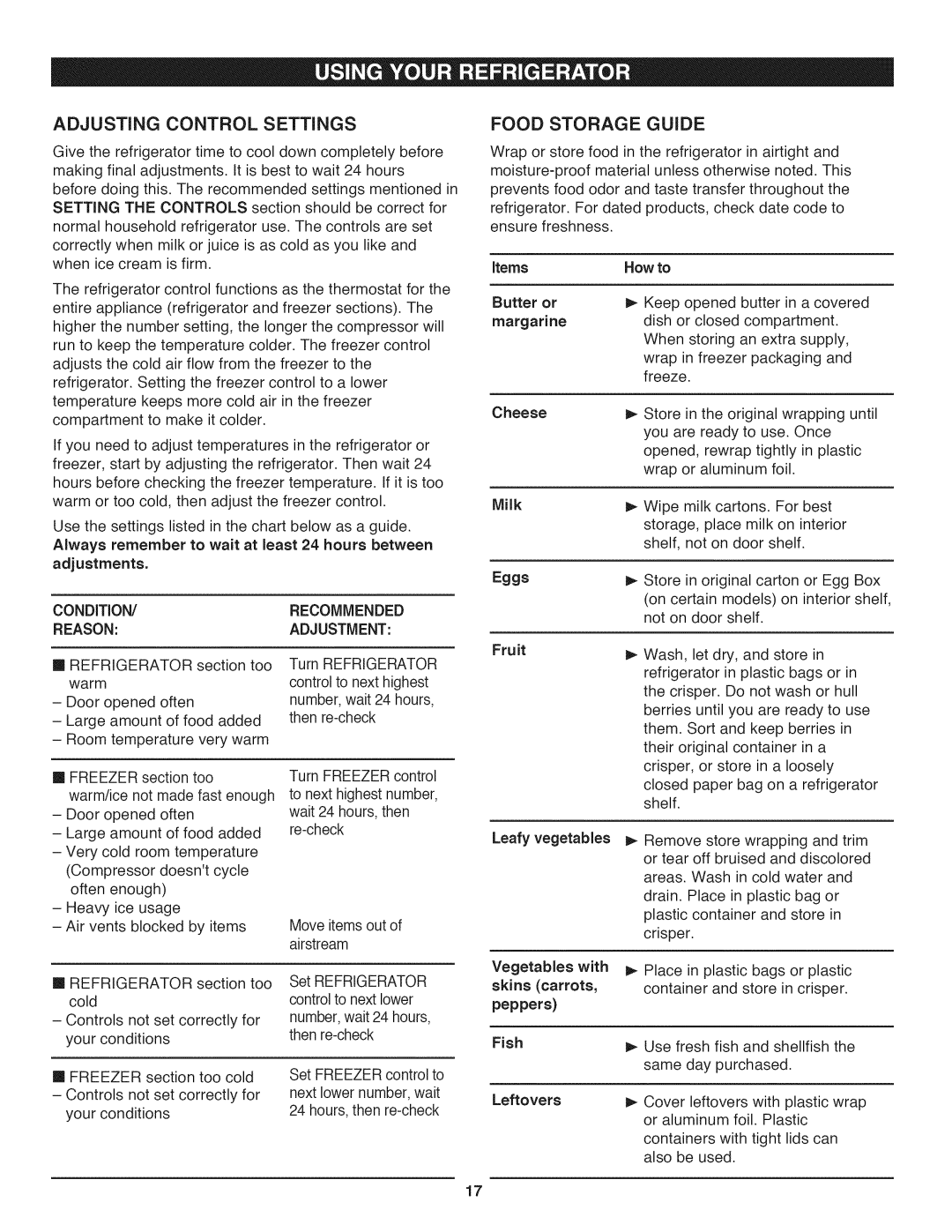 Kenmore 795.6397, 795.6991, 795.7997 Adjusting Control Settings, Food Storage Guide, Items, Leafy vegetables, Leftovers 