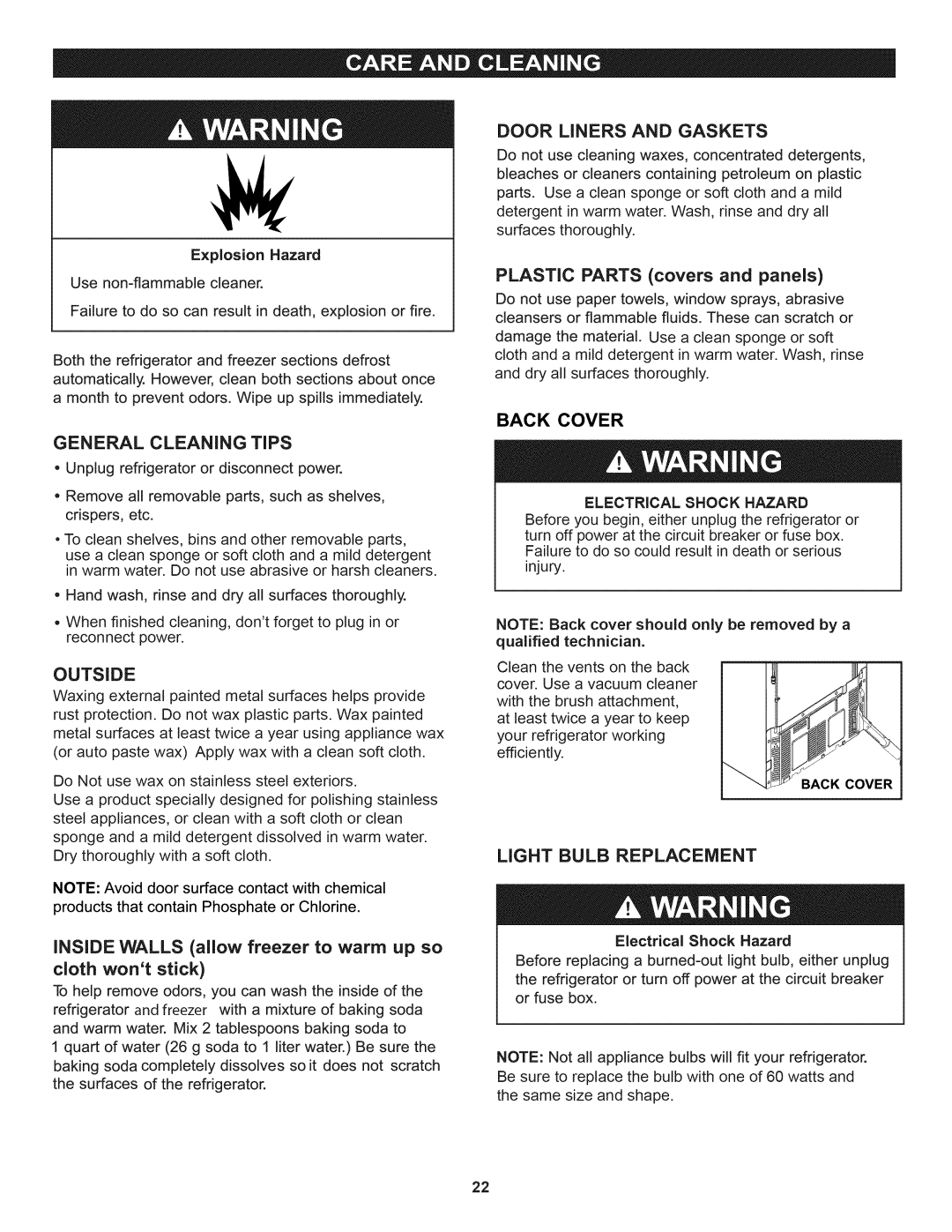 Kenmore 795.7991 General Cleaning Tips, Outside, Door Liners and Gaskets, Plastic Parts covers and panels, Back Cover 