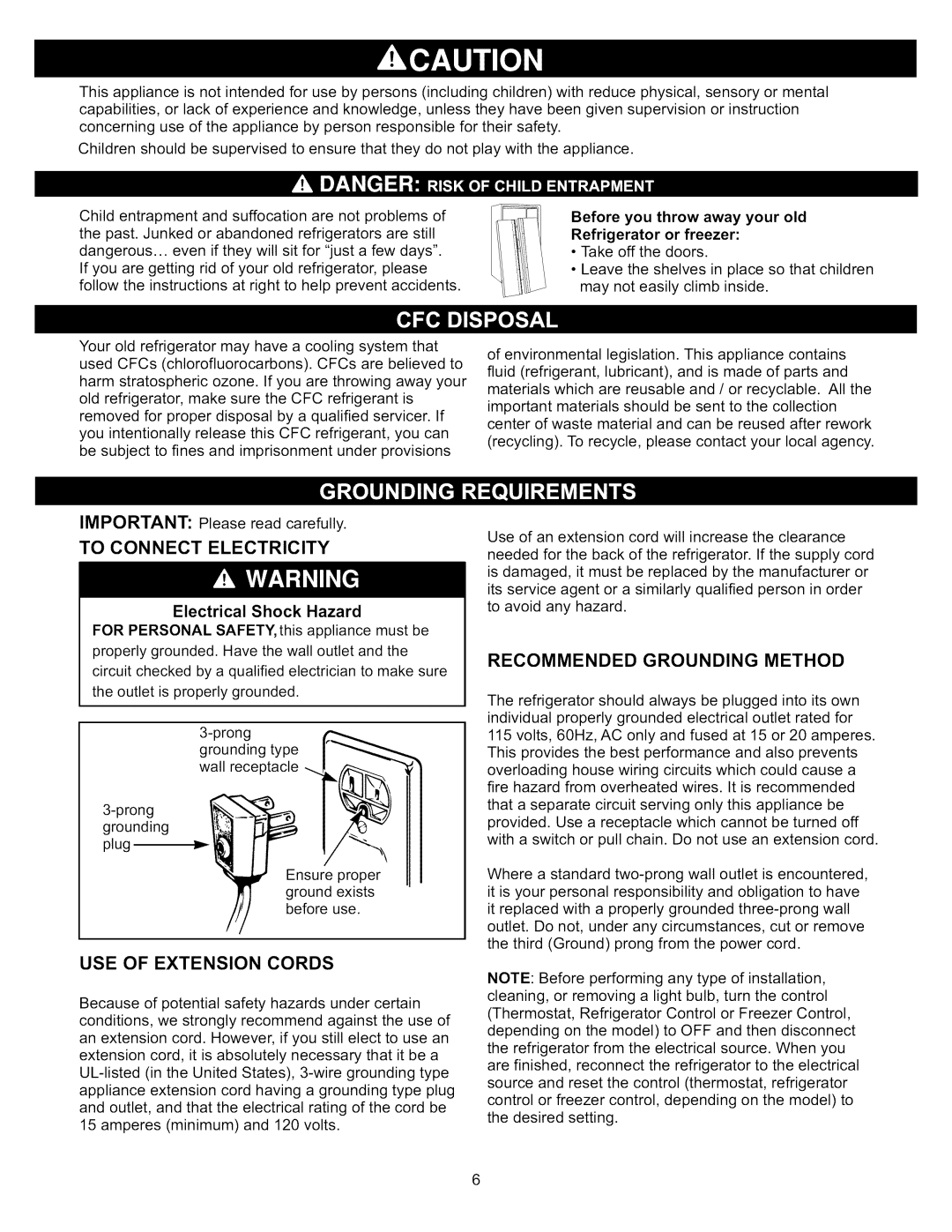 Kenmore 795.7991 To Connect Electricity, Recommended Grounding Method, USE of Extension Cords, Electrical Shock Hazard 