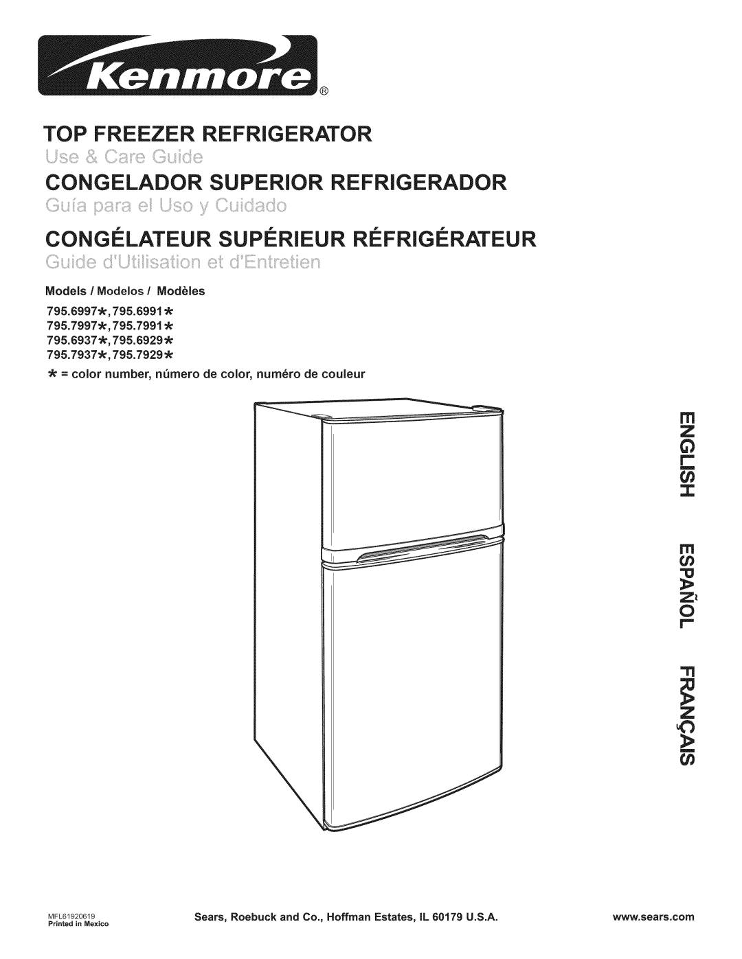 Kenmore 795.6397, 795.6991 manual Top Freezer Refrigerator, cn z, Congelador Superior Refrigerador, 795.7937 ,795.7929 