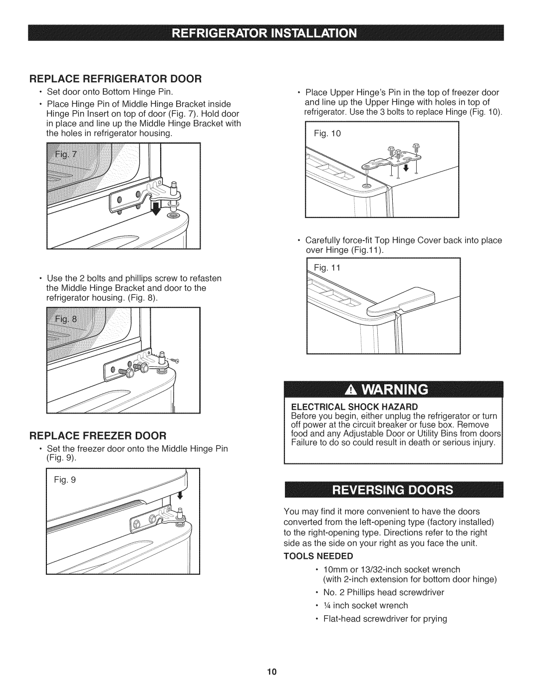 Kenmore 795.7997, 795.6991, 795.6997 manual Replace Refrigerator Door, Replace Freezer Door 