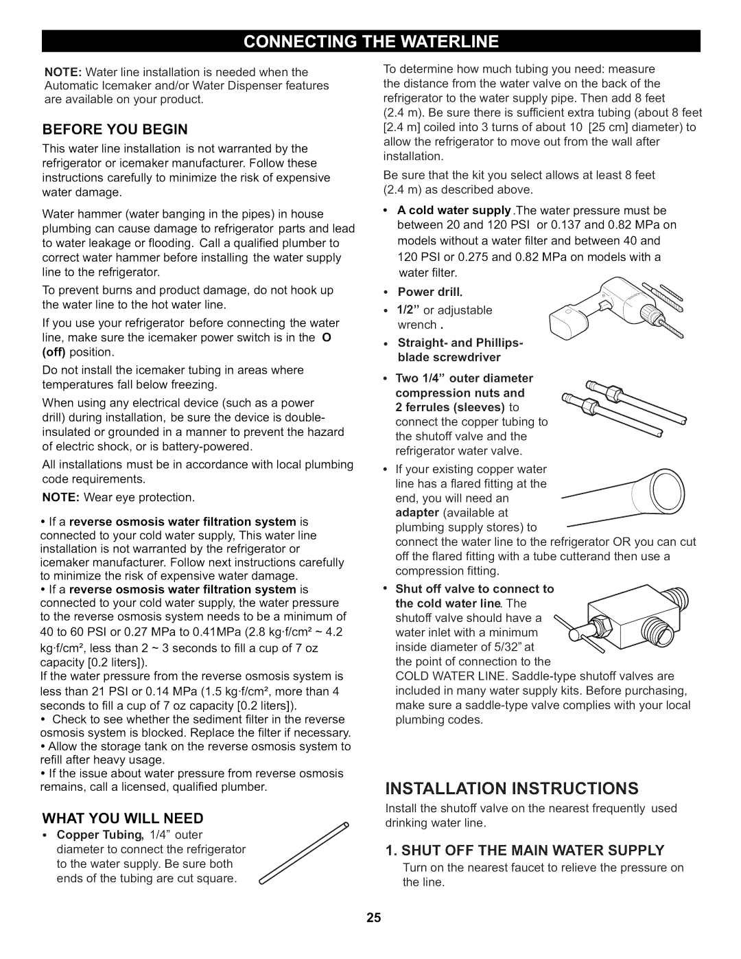 Kenmore 795.7997, 795.6991, 795.6997 manual Before YOU Begin, What YOU will Need, Shut OFF the Main Water Supply, Power drill 