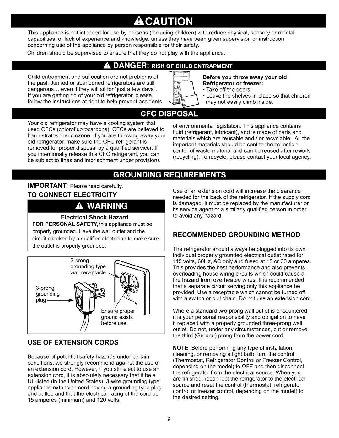 Kenmore 795.6991 To Connect Electricity, Recommended Grounding Method, USE of Extension Cords, Electrical Shock Hazard 