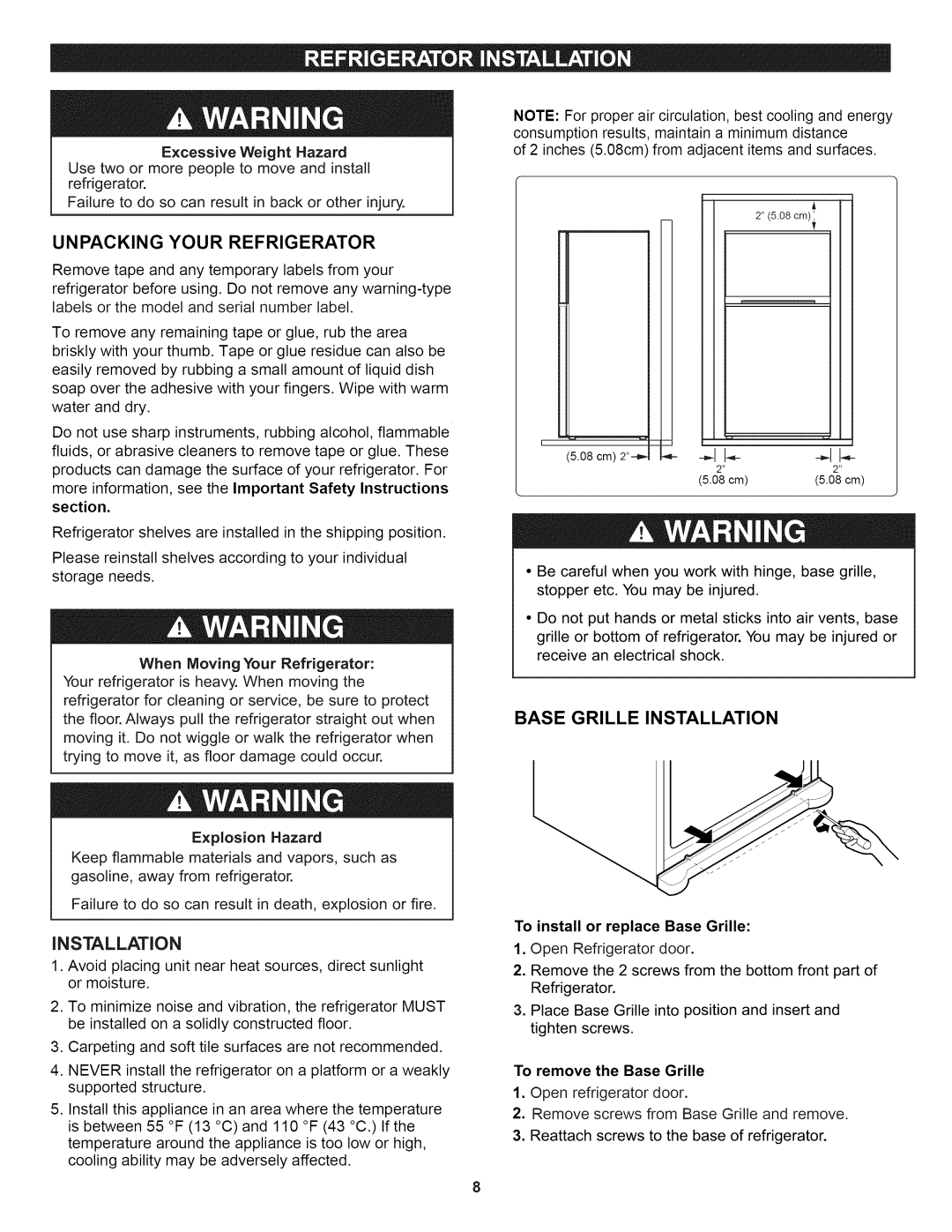 Kenmore 795.6997 ExcessiveWeightHazard Usetwoormorepeopleto moveandinstall, Unpacking Your Refrigerator, Installation 