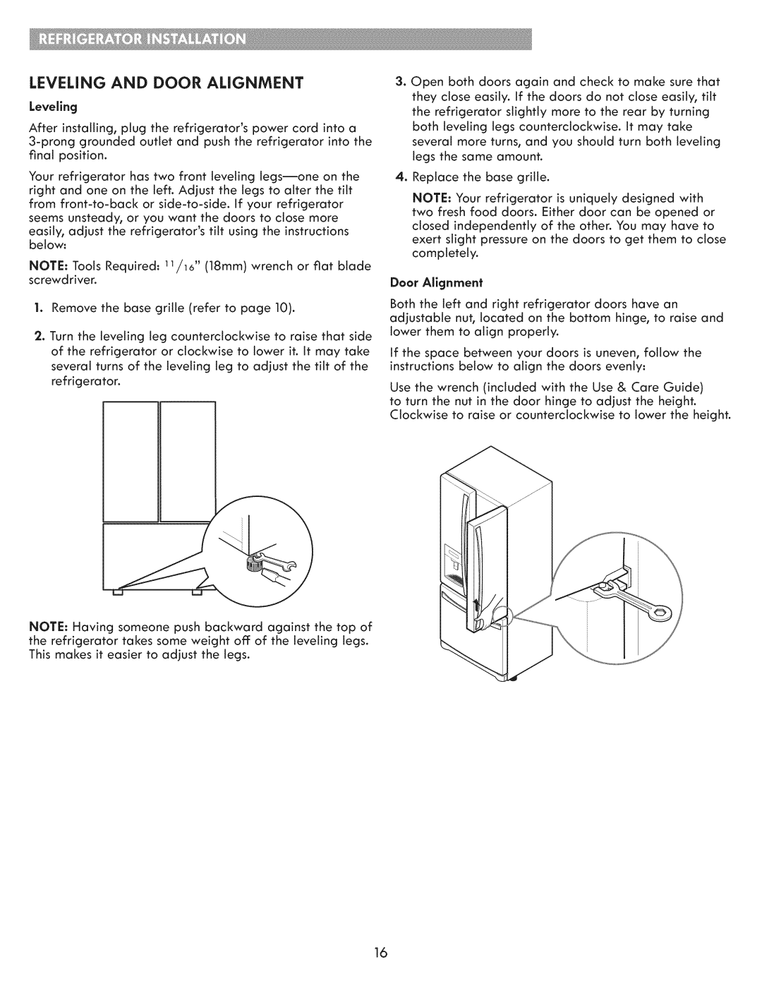 Kenmore 795.7103 manual Leveling and Door Alignment 